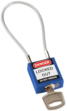 Brady Candado de Cable Compacto Paquete de 1 - Bloqueo de Seguridad Lockout Tagout - Candado de Seguridad - Llaves Diferentes - 32mm x 35mm x 16mm - Longitud del Cable 200mm, Azul