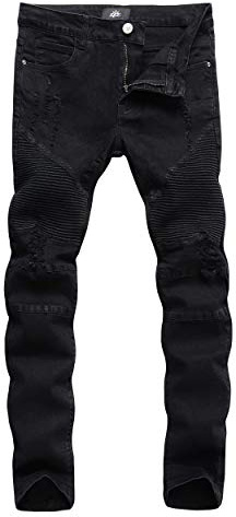 ZLZ Slim Fit Biker Jeans, Men's Super Comfy Stretch Skinny Biker Denim Jeans Pants, Size 36 (Rip-Black)