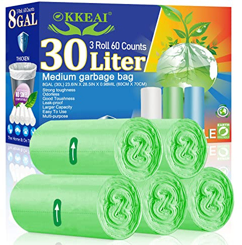 OKKEAI Medium Bin Liners 30-40l Biodegradable Bin Bags, Thicker 0.98 MIL Garbage/Trash Bags Recyclable Bags for Garden, Patio,Home,Kitchen, Lawn,60 Count,Green (Fits UK 7-9 Gallon Bins)