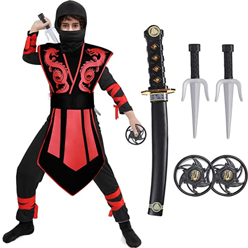 Tacobear Déguisement Ninja Costume Enfant Garçon Rouge Noir Fancy Dress Ninja Costume Déguisements Halloween Carnival Noel pour Enfant 3-12 Ans (3-4 ans)