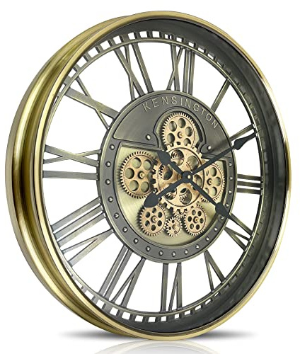DORBOKER Real Moving Gears Wall Clock Large Modern Metal Clocks for Living Room Decor, Industrial Steampunk Unique Vintage Rustic Decorative Clock for Home Farmhouse Office, 70cm,Brass Gold Roman