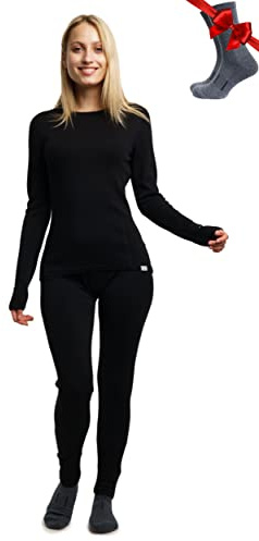 Merino.tech Completo Lana Donna Merinos - Intimo Termico Merino Maglia e Pantalone con Calzini Leggero, Medio, Pesante (Large, 320 Black)