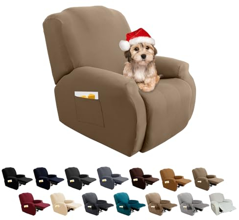 FIGOOO 4-Teilige Stretchhusse für Relaxsessel Mit Seitentasche - Elastischer, Waschbarer Sesselbezug - Sesselschoner für Husse Relaxsessel, Erdiges Braun