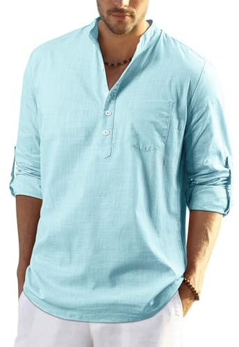 Enlision Mens Casual Linen Beach Shirt Long Sleeve Solid Button-Down Henley Shirt Roll Up Water Blue Henley Tops S