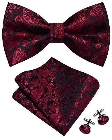 Gusleson Wedding Bow Tie Pocket Square Set for Men Pre-Tied Silk Burgundy Paisley Bowties Handkerchief Cufflinks for Party (UK0497-36)
