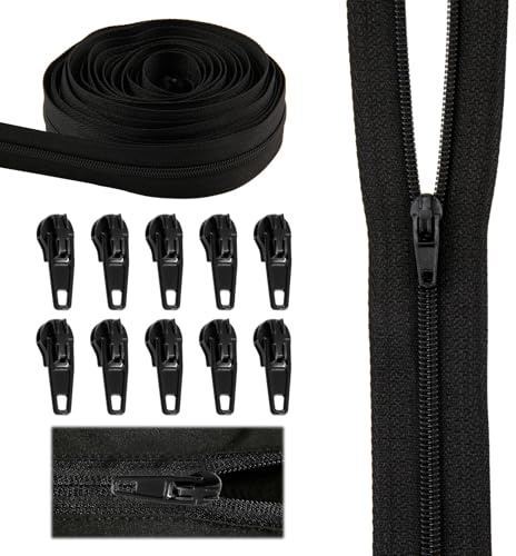 Chaîne de fermeture éclair continue noire de 5,3 m - Taille 3 - Coussins en nylon - Fermetures éclair d'ameublement pour couture - Très résistantes - Découpables sur rouleau - Tirettes n°3 pour