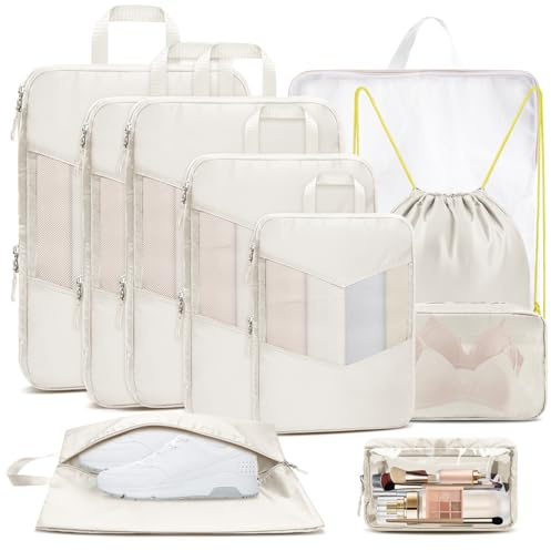 Vailge Compression Packing Cubes for Suitcases and Backpack, 10-Set Travel Packing Cubes with Visible Mesh and Double Zippers, Suitcase Organiser Bags including Shoe Bag and Laundry Bag, Beige