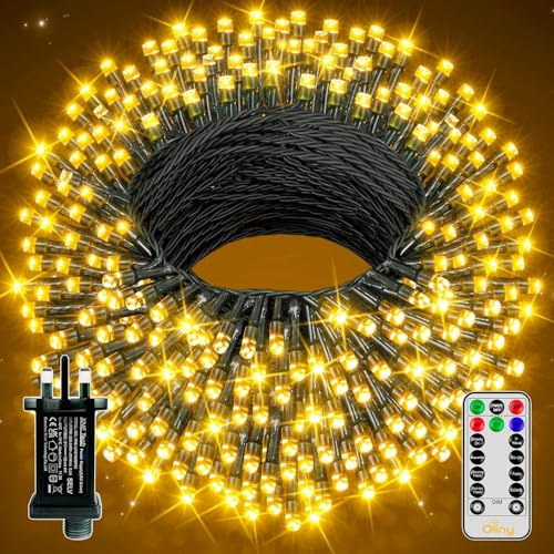 Ollny Outdoor Fairy Lights, 100m 1000 LEDs, Warm White, Mains Powered | Remote, 8 Light Modes and Timer with Water-Resistant Design for Christmas Trees, Gardens, Patios and Indoor or Outdoor Decor