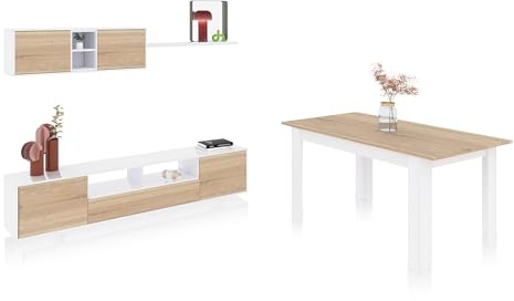 duehome | Pack de Salon con Modulo TV + Mesa de Comedor, Conjunto de Salon, Modelo Kenzo Plus VA, Acabado en Blanco Artik, y Roble Canadian