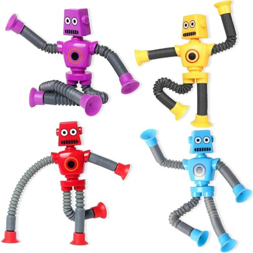 4 Pcs Fidget Toys for Kids Tubes Robot Toy,Telescopic Suction Stretchy Toys,Novel Pop Baby Sensory Toy,for Adults & Kids & Toddler,Stress Relief, Anxiety,Calming,Focus, Adhd and Autism,Travel,Plane