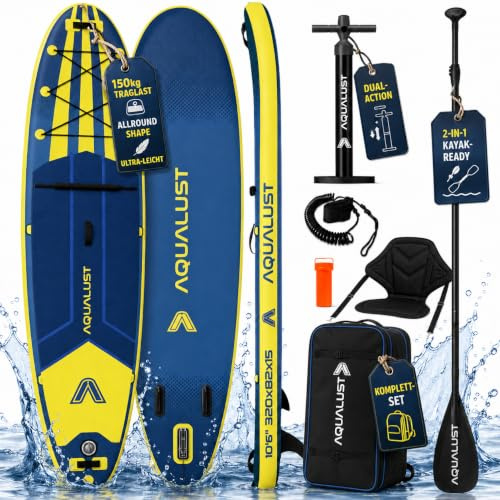 AQUALUST 10.6 - Planche de stand up paddle gonflable - 320 cm - Sup 150 kg - Bleu - (kit de planche + pagaie de kayak + siège)