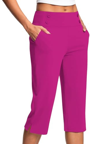 Linen Trousers Womens Ladies Soft 3/4 Length Cropped Pants High Waist Stretch Pull on Bottoms Summer Golf Chino Joggers with Pockets Elegant Office Business