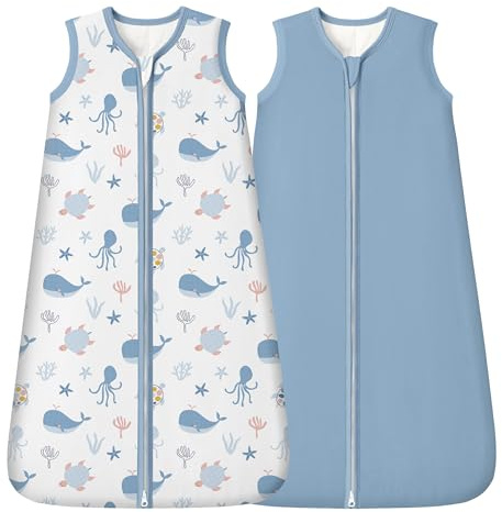FIEMOL Rayon Made from Bamboo Baby Sleep Sack 0-6 Months, 1.0 Tog Baby Wearable Blanket, Soft Sleeping Bag for Newborn Infant Babies with 2-Way Zipper 2 Pack (Small) Blue Whale