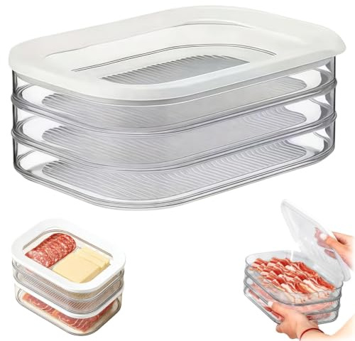 DUY Contenedor apilable de almacenamiento de alimentos para refrigerador con tapa y bandeja de drenaje, organizador transparente para carne, queso, tocino, 1 a 4 capas (transparente, 22,5 x 16 x 9 cm)