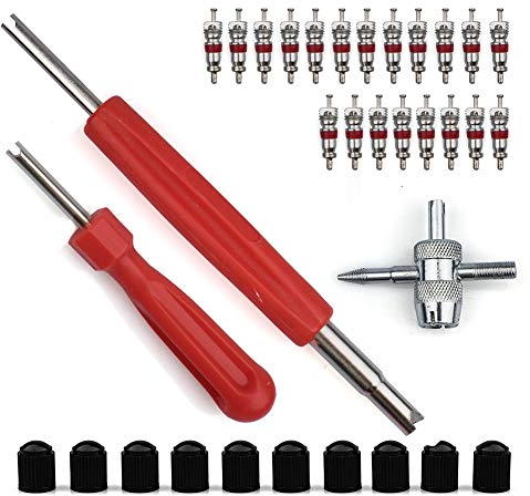 Sinblue Reifenventil Kern Werkzeug Set mit Doppel und Einzelkopf Ventilkern, Reifenreparatur Werkzeug, 1 Stück 4 Wege Ventil Werkzeug, 10 Stück Reifenventil Kappen, 20 Stück Ventilkern