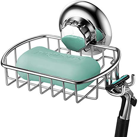 MaxHold Cesto per sapone senza trapano, porta sapone doccia con 2 ganci, ventosa sistema di vuoto, in acciaio inossidabile, non arrugginisce mai, porta spugna per cucina