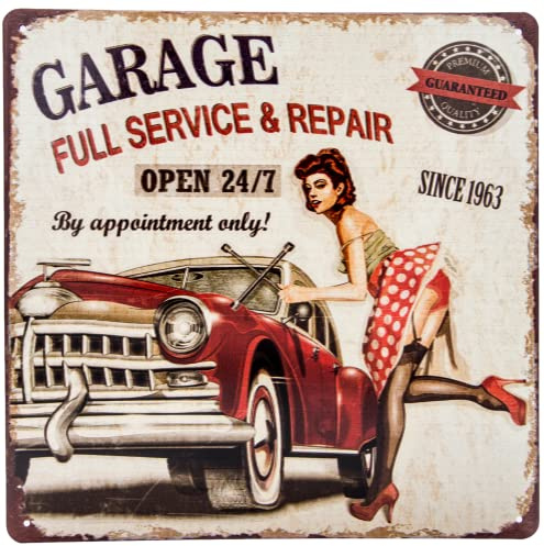 Retro plåtskylt – 60-tals gammaldags pin-up-flickskylt, rutt 66 stil, full service garage, dekoration verkstadsskylt, 30 x 30 cm