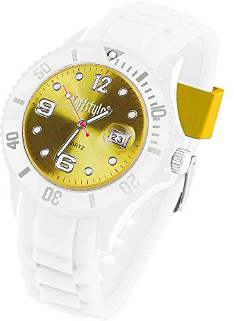 Taffstyle Damen Herren Sportuhr Armbanduhr Silikon Sport Ziffernblatt mit Datum Analog Quarz Farbige Bunte Uhr Weiß Gelb