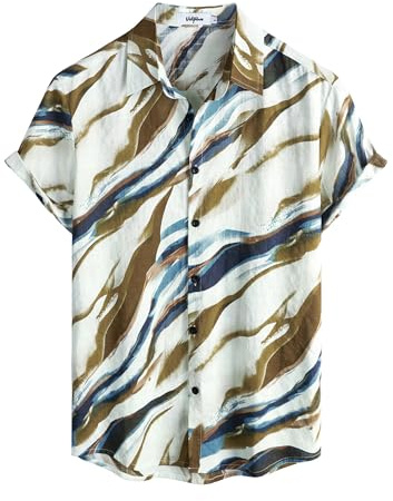 VATPAVE Mens Hawaiian Shirt Short Sleeve Button Down Shirts XXL Beige Blue