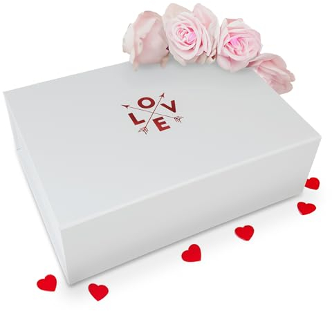 VerpackungsWelt Geschenk-Box mit Deckel Love | 31x22x10 cm | Perfekt für Valentinstag & Geburtstag | Geschenk-Karton mit Magnet-Verschluss | Geschenk-Verpackung in Weiß mit Aufschrift in Rot