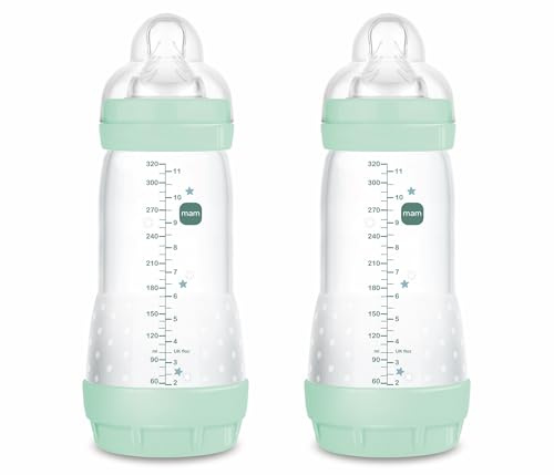 MAM Pack 2 Biberones Anticólicos, a partir de 4 Meses, 320ml, con Tetina 3 Flujo Rápido de Fácil Aceptación, Autoesterilizable y Fácil de Limpiar, MAM Easy Start Anti-Colic, Azul Brillante, Pack 2uds