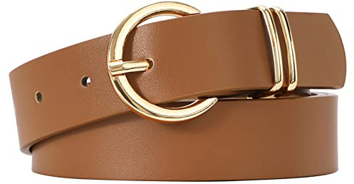 JASGOOD Ceinture en Cuir pour Femme - Mode Réglable avec Boucle Dorée pour Jeans, Pantalons, Robes - Marron, 110cm