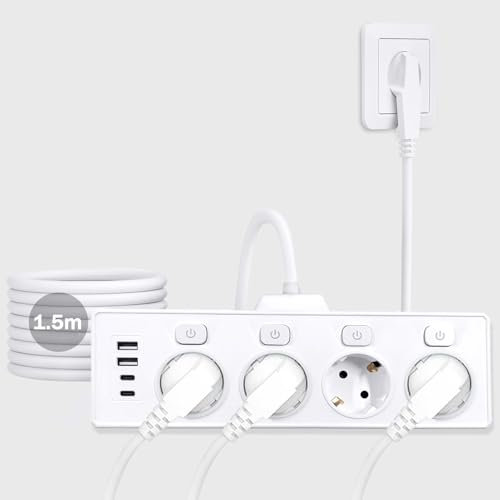 Steckdosenleiste mit USB C, 4Fach Steckdosenleiste einzeln Schaltbar, 3680W 16A Steckdosenleiste Flachstecker Mehrfachsteckdose mit Schalter für Küche Wohnzimmer Schlafzimmer Büro, 1.5M Kabel