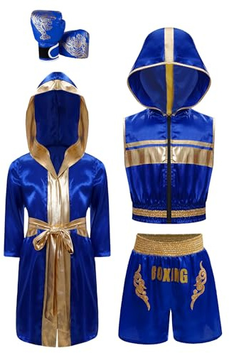 Zaldita 4 Uniforme Boxeo Trajes Para Niños Conjunto Satinado Incluye Abrigo De Boxeo Con Capucha Tanque Pantalones Cortos Y Guantes De Boxeo, azul, 146/152 cm