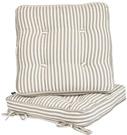 Garden Chair Cushion Seat Pads Dining Cushions (Set of 2, Grey Stripe) | Tie-On, 100% Cotton, Alfresco Dining, Recycled Polyester Fibre Filling, Machine Washable