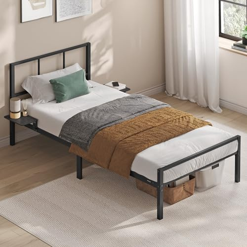 VASAGLE Single Metal Bed Frame with Headboard, Bedside Shelves, for 90 x 190 cm Mattresses, Guest Bed Frame, for Teens, Easy Assembly, Matte Black RMB191BD01