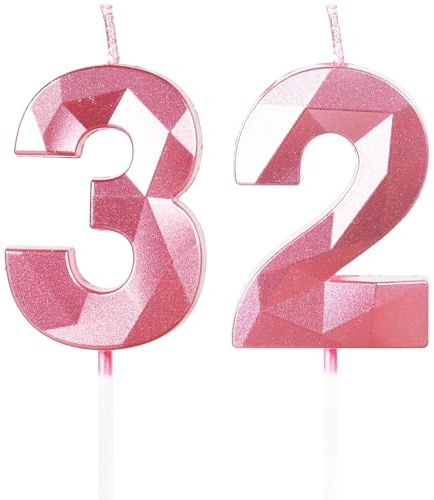 Yiran Pink 32nd Birthday Candles, Number 32 Happy Birthday Candles, Pink Cake Topper Decorations for Birthday Party, Wedding Anniversary Celebration Supply for Girls Women