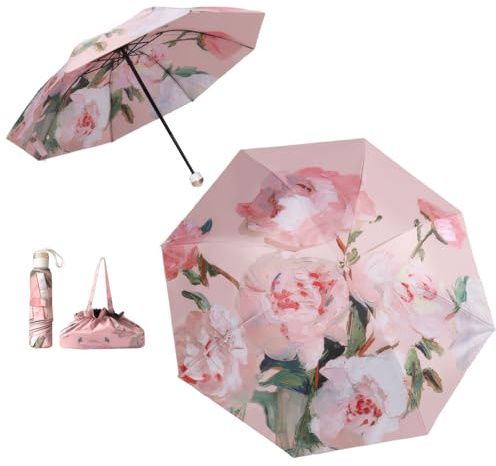 Meichoon UPF50+ Paraguas con bolso Protección UV Portátil Ligero Impermeable Sombrilla de doble capa Diseño mejorado a prueba de viento Flor clásica retro Estilo vintage para mujer Viajes