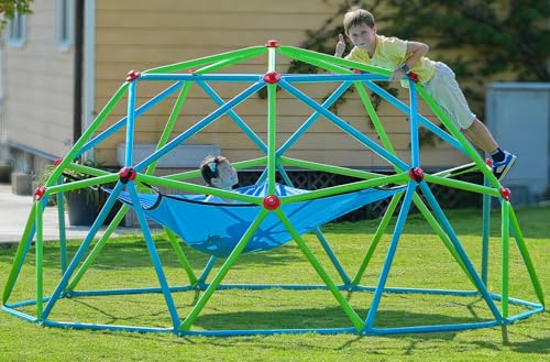 Zupapa 10FT Climbing Dome with Hammock, Outdoor Jungle Gym for Kids, Geometric Dome Climber Supporting 1200LBS Outdoor Play Equipment, Cyan&Green