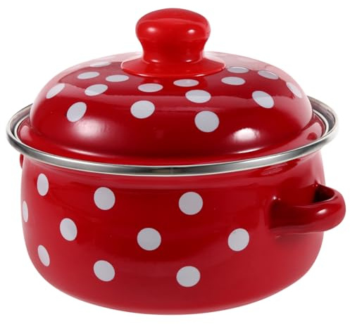 Toyvian Olla Esmaltada Retro Tapa Cazuela de Cocina con Doble Asa Resistente Altas Temperaturas para Inducción y Guisos Caseros Diseño Clásico de Rojo y Blanco