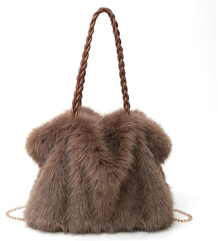 Obelunrp Borsa da donna in pelliccia, borsa in pelliccia sintetica da 13x11, 4 pollici con manico pelle e catena metallo, soffici borse tote, a tracolla per l'inverno (marrone)