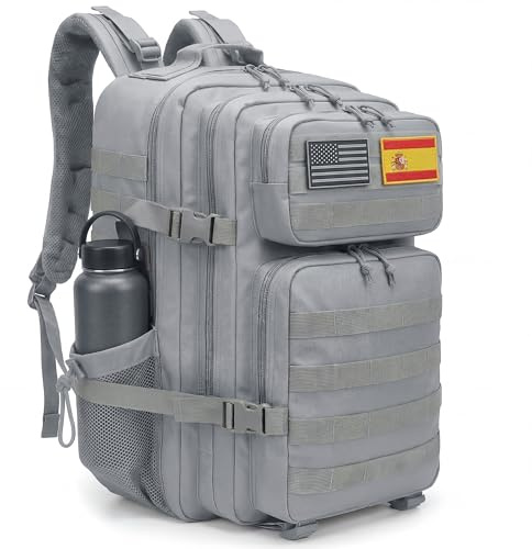 unycos - Mochila Táctica Militar【45L】con Sistema Molle y Bolsillos Laterales, Tela Oxford 900D Resistente, Bolsillos para 3 Días de Emergencias, Caza, Senderismo, Viaje, Crossfit, Gimnasio (Gris)