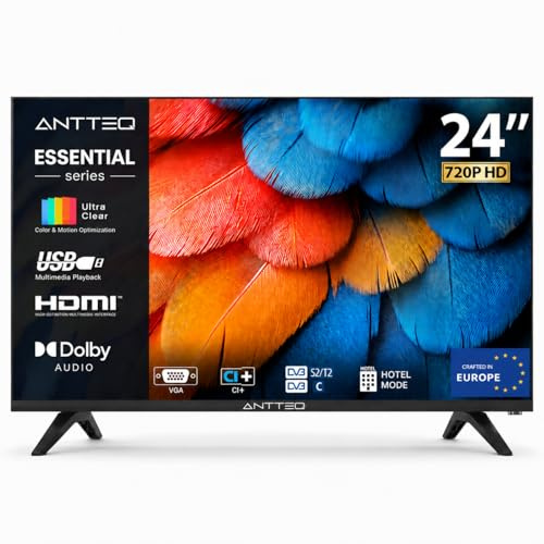 Antteq AE24H5-Q1 Téléviseur 24 Pouces(TV 60 cm) HD LED, Triple Tuner DVB-C/T2/S2, Mode Hôtel, Dolby Audio, VGA, HDMI, USB-Media Player, CI+