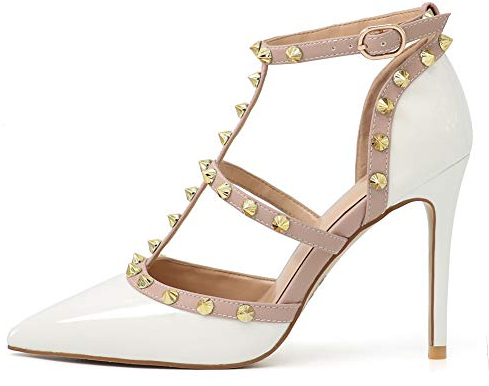 Eithy Damen Slingbacks Mid High Heels Spitz Zehen Schnalle Sommerschuhe Party Alltag Abend Sandalen, Weiss/opulenter Garten, 42.5 EU