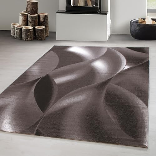 Carpetsale24 Teppich 160x230 cm Braun Kurzflor Abstrakt Wellen Design Moderner Teppich für Wohnzimmer Schlafzimmer Flur Küche Esszimmer Kinderzimmer Pflegeleicht Weich