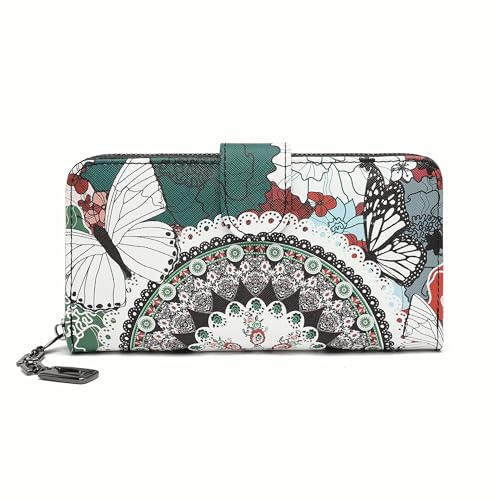 Portefeuille Femme Grand Format Porte Monnaieavec Motif de Fleurs et de Fleurs de Style Mandala et Ethnique Porte-Carte Femme avec Fermeture éclair et Bouton Pressions