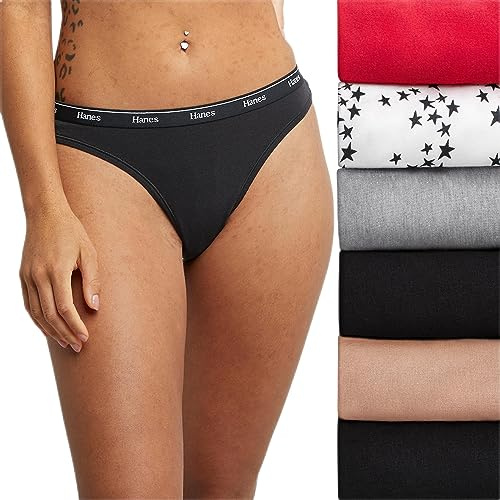 Hanes Originals Women's Underwear Thong Panties, Stretch Cotton Underwear, Basic Assorted Colors, 6-Pack