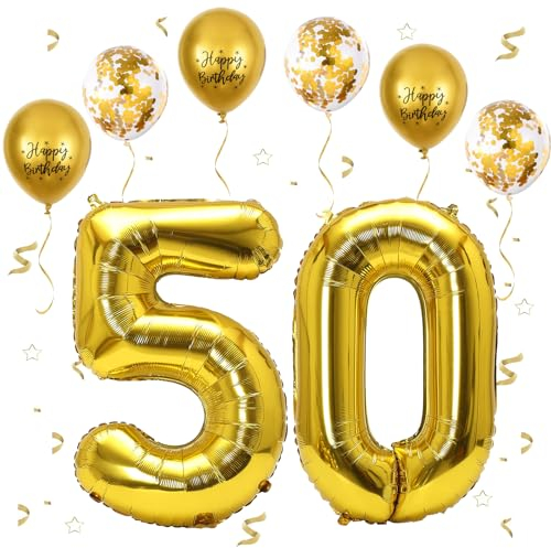 Foil Palloncini Numeri 50 Oro, VUCDXOP 101 CM Palloncino Numero 50, Grande Pallone Numero 50 Numeri Gonfiabili Compleanno Palloncino 50 Anni Festa Compleanno - Vola con l'Elio