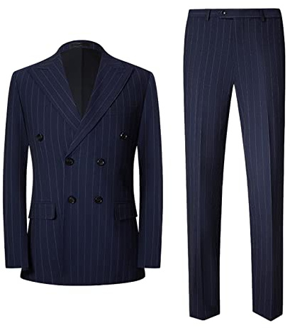 Mens 2 Piece Suit Slim Fit Pinstripe Double Breasted Blazer and Pants Suits Set Formal Wedding Tuxedo Suit (Dark Blue,XL)