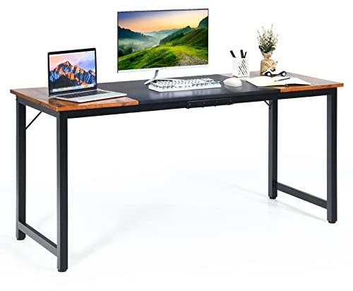 SFAREST Computer Desk, 160cm x 60cm Wooden Writing Table with Adjustable Footpads, Industrial Metal Frame PC Laptop Desk Computer Workstation for Home Office
