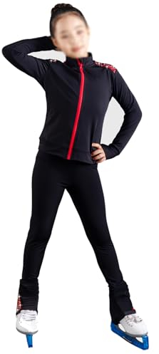 ROLTIN Eiskunstlauf-Hose und Jacke mit roten Strasssteinen, hohe Elastizität, Schlittschuh-Training, Wettkampf-Tragen für Damen und Mädchen (Größe: 110, Farbe: B)