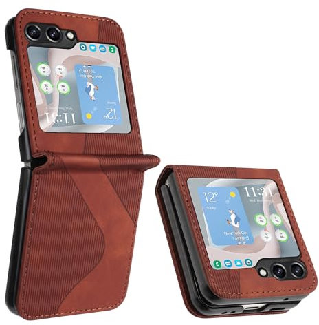 ZONNAVI Cover per Samsung Galaxy Z Flip 5, Flip Custodia Pelle PU con [Slot Cart] [Supporto Stand] [Magnetica], Cover a Libro Portafoglio per Samsung Z Flip 5 (Marrone)