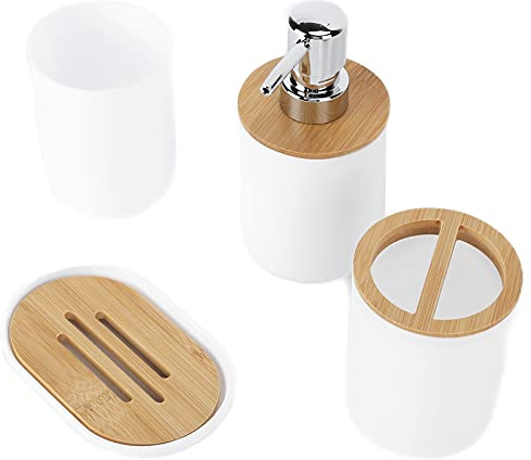 Ensemble Salle de Bain Bambou 4 pièces, Distributeur Savon | Porte-Brosse À Dents Et Gobelet, Plastique Et Bambou, Set Accessoires Pour Lavabo Vasque Invité, Blanc