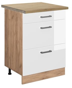 Vicco Küchenunterschrank R-Line, Weiß Hochglanz/Goldkraft Eiche, 60 cm mit Schubladen, AP Eiche