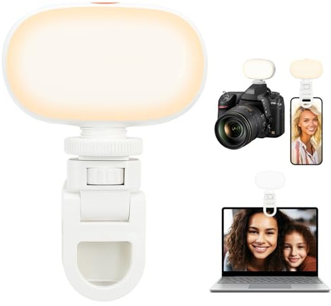 WOWLED selfie-lampa, kläm-på fyllning med 3 ljuslägen och justerbar ljusstyrka, uppladdningsbart selfie-ljus för smarttelefonkamera ljus foto video TikTok Vlog smink, mandelvit
