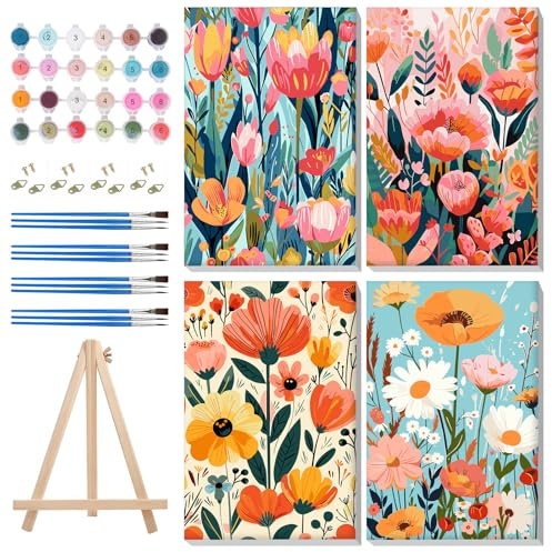 MISCER 4 Pack Framed Paint by Numbers Kit for Adults Beginners, Adult Paint by Number Kits On Canvas with Easel, Flowers Easy Framed Paint by Numbers for Beginner Gift Home Wall Decor 8x12 inch